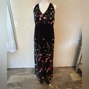 INC International Concepts Black Maxi Dress with Pink & Green Floral Embroidery